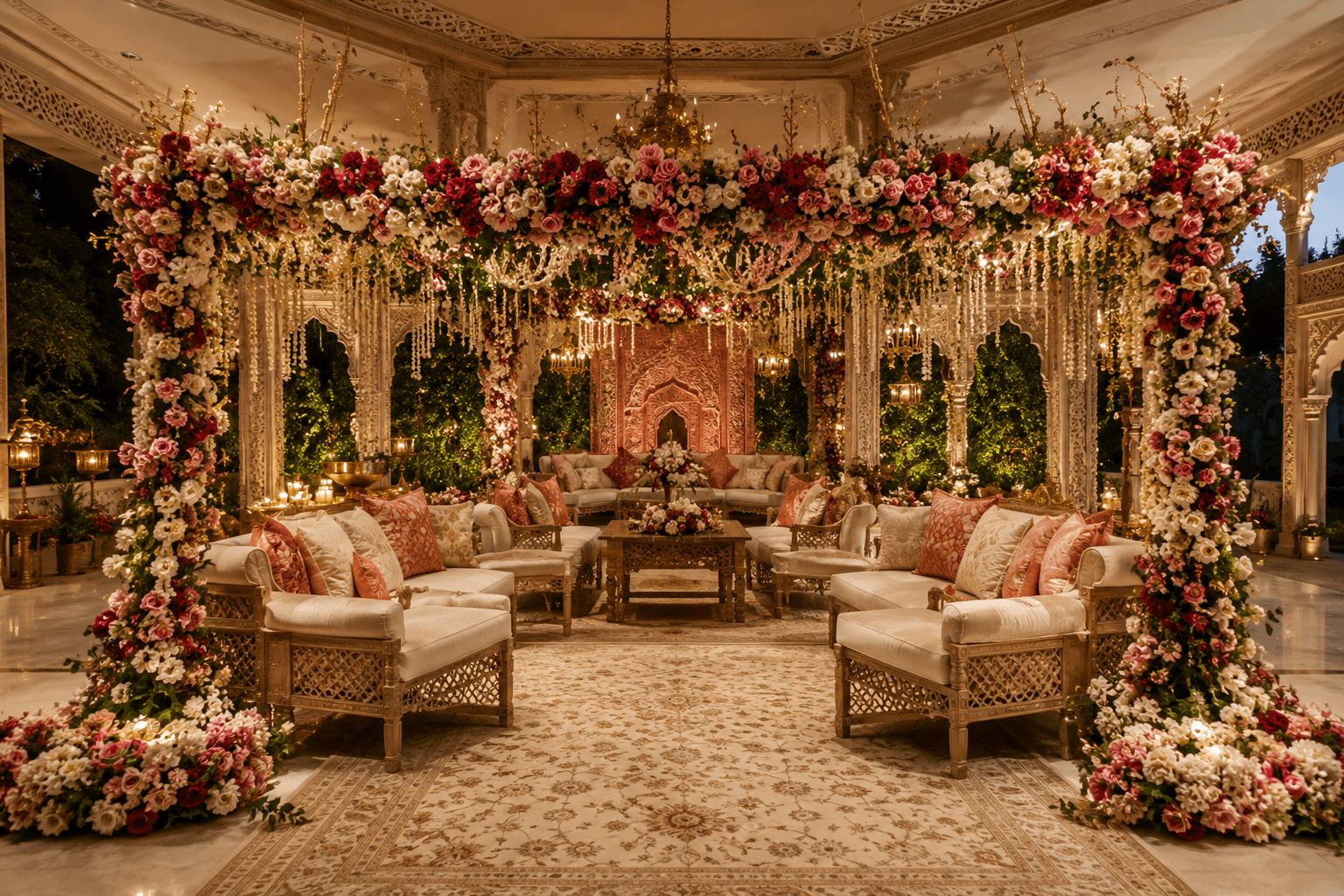 Pastel floral mandap seating area