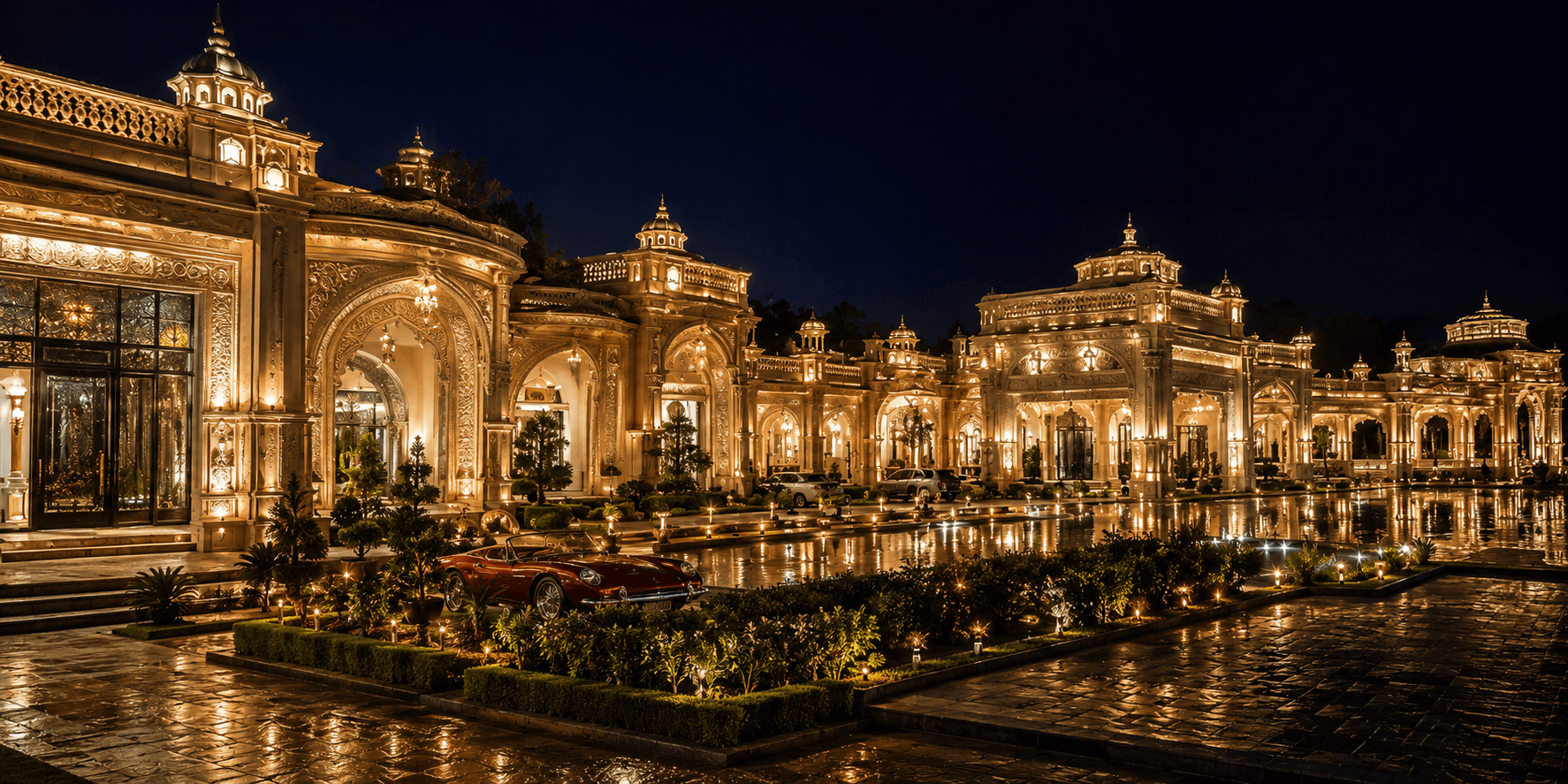 Palace venue lit up at night
