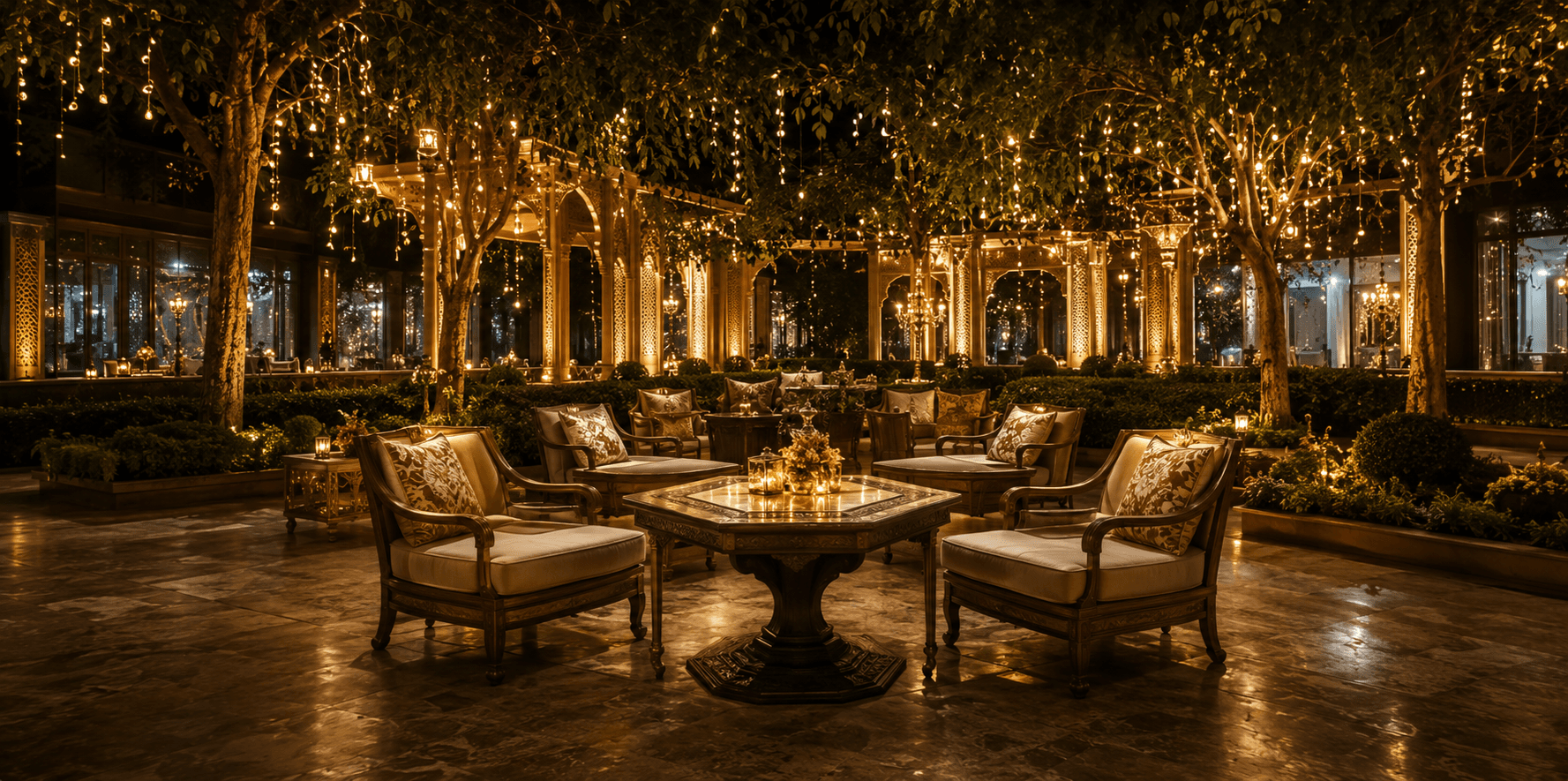 Reception lounge with hanging string lights