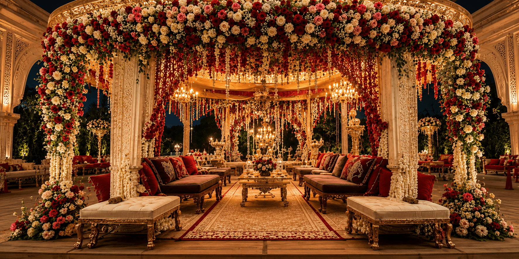 Traditional wedding mandap with red, white and pink floral drapes
