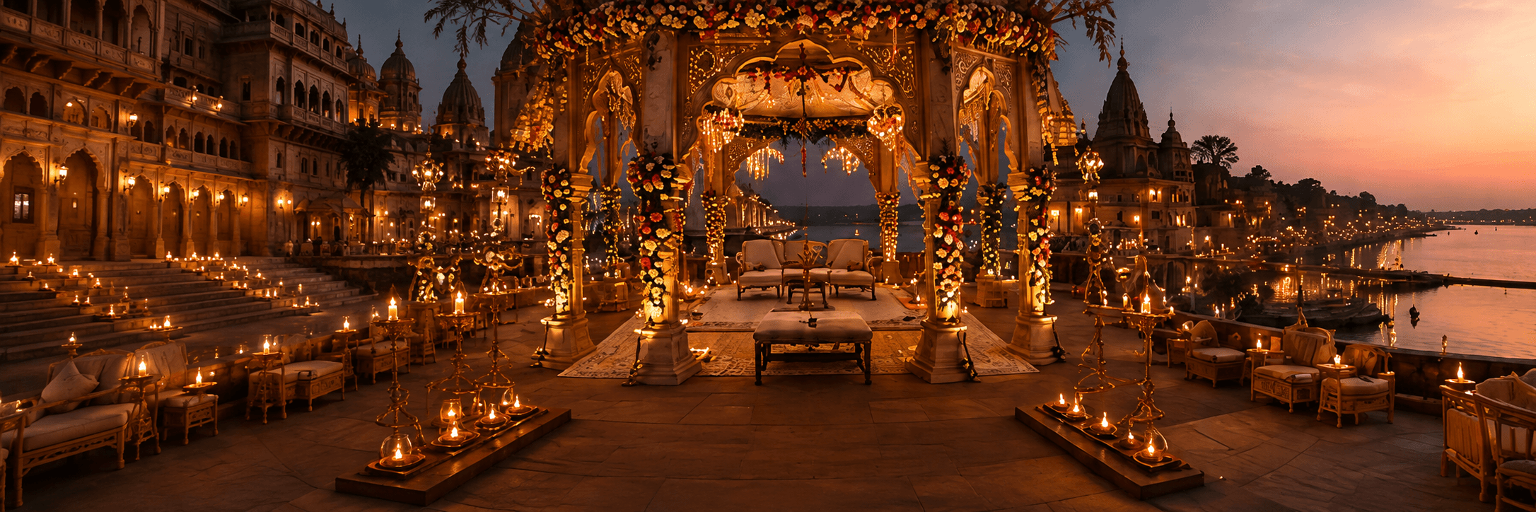 Illuminated wedding mandap on the riverside ghats at dusk
