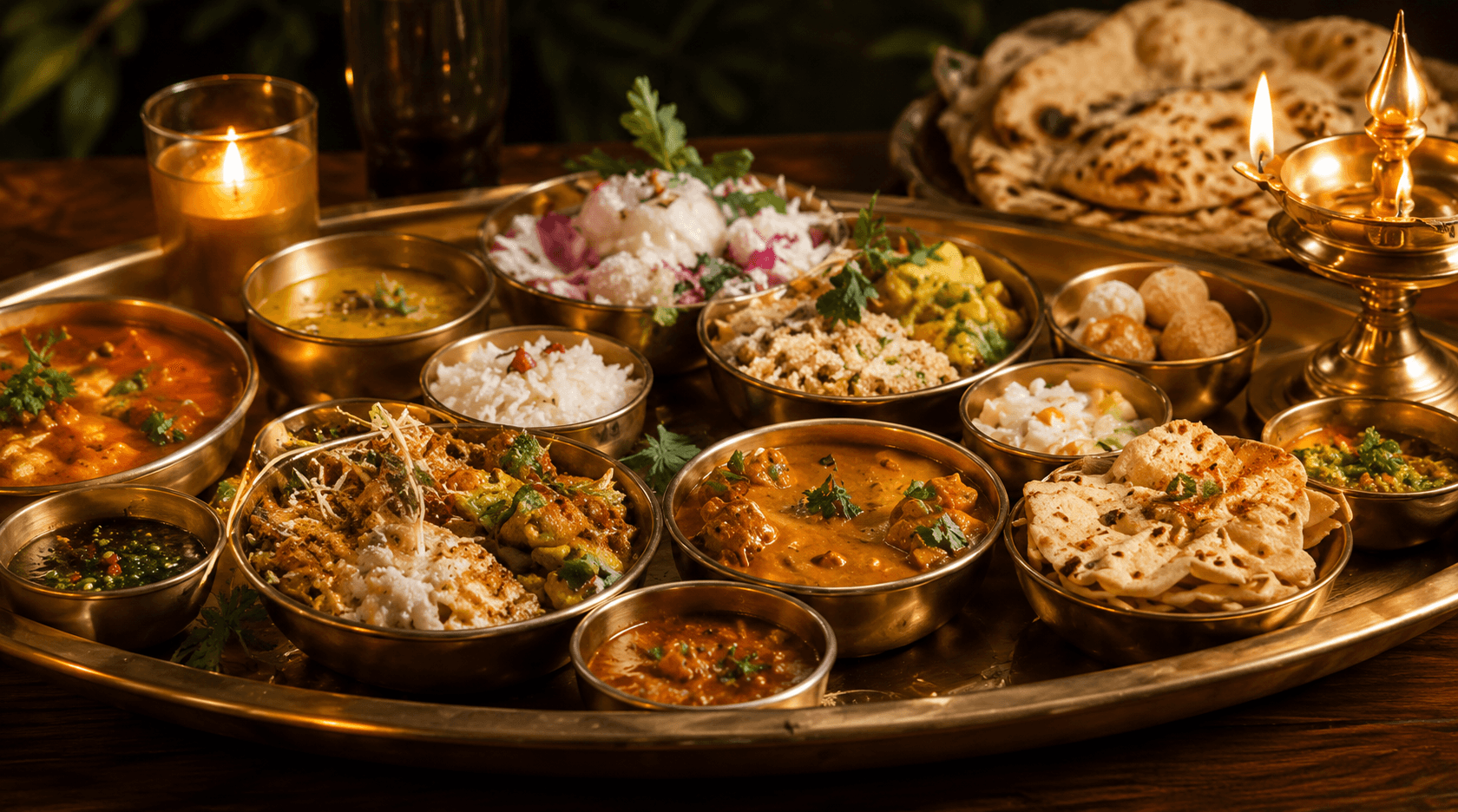 Pure vegetarian thali spread with a lit diya